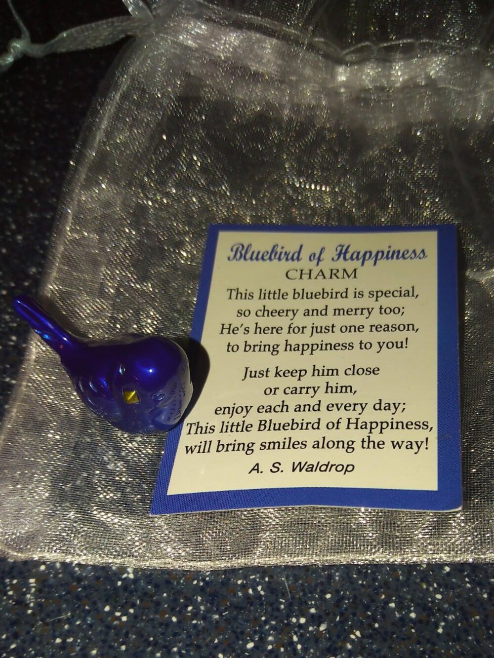 Ganz Bluebird of Happiness Pocket Charm with Story Card in organza gift bag